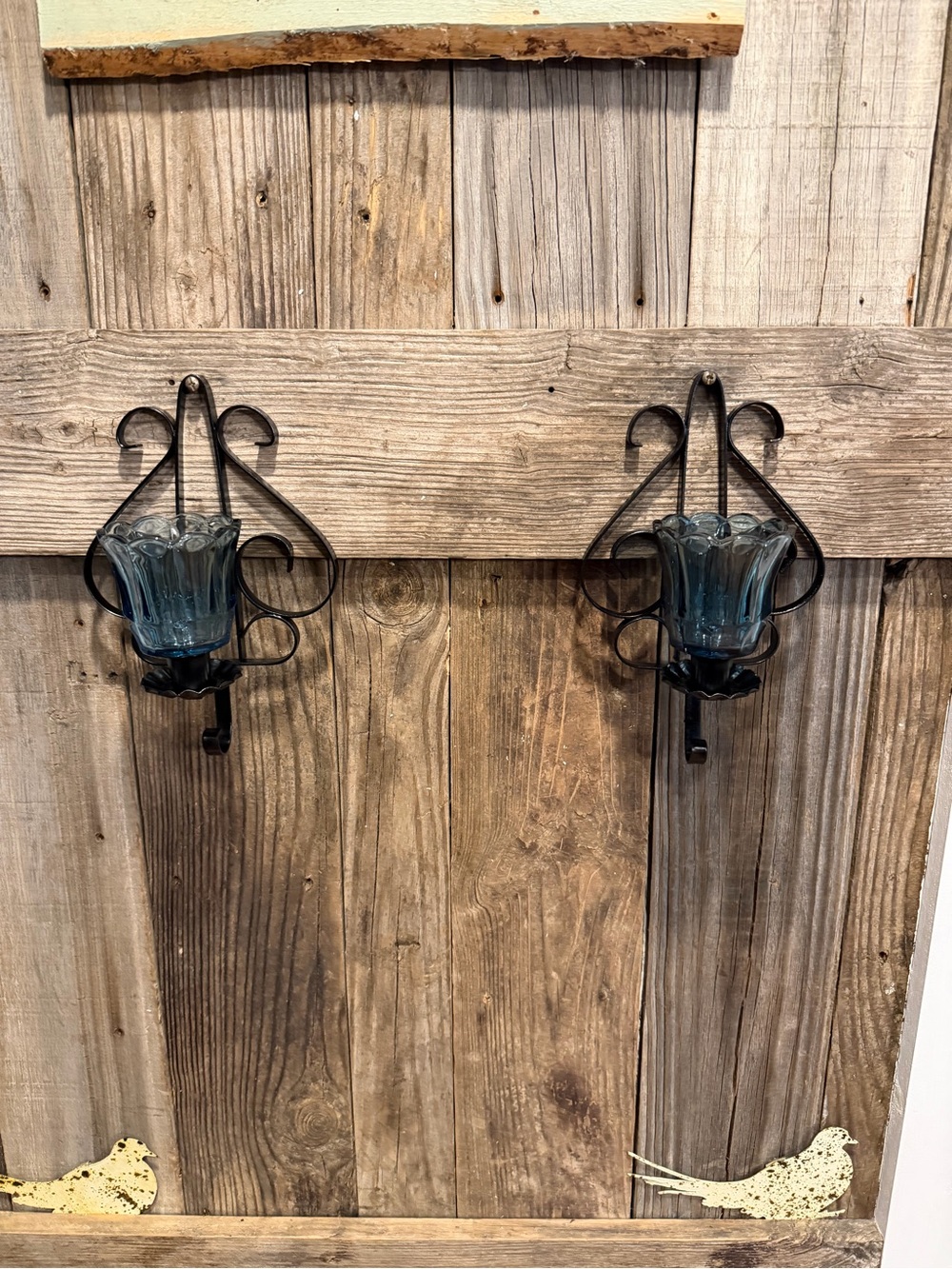 Vintage Blue Glass Wall Sconce Pair with Black Scroll Metal